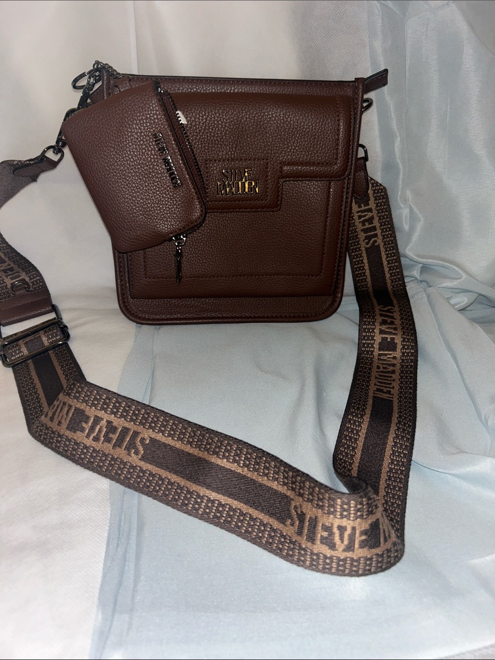 Steve Madden Brown Pebbled Messenger Bag with Branded Strap